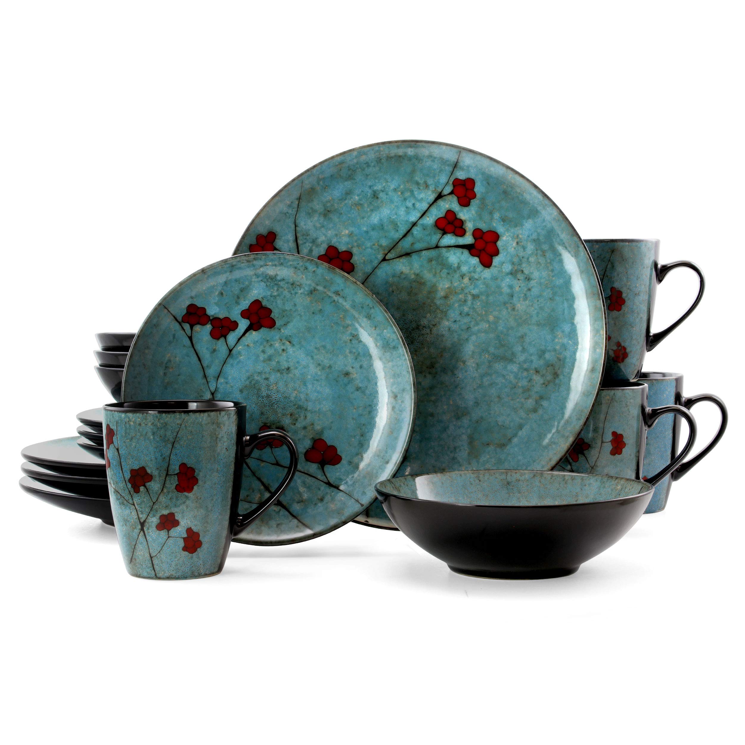Amazon.com | Elama Floral Accents 16 Piece Dinnerware Set in Blue